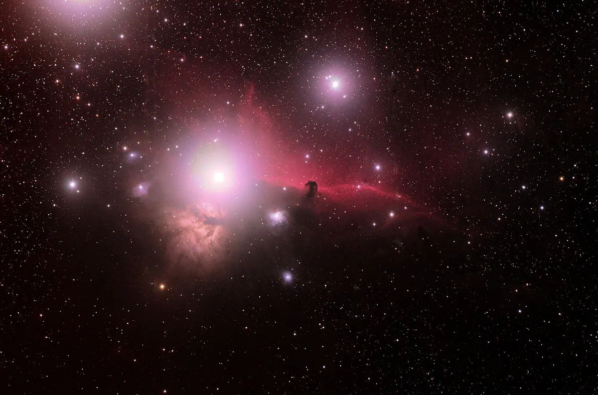 Flame and Horsehead Nebulae Widefield by Roger Hutchinson, Mayhill, New Mexico, USA. Equipment: Takahashi FSQ Flourite 106mm aperture, 530mm fl f5.0, SBIG STL-11000M CCD