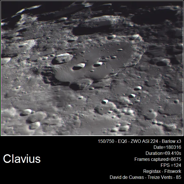 Clavius by David de Cuevas, Treize Vents, France. Equipment: Skywatcher 150/750, EQ6, ZWO ASI 224, Barlow x3.