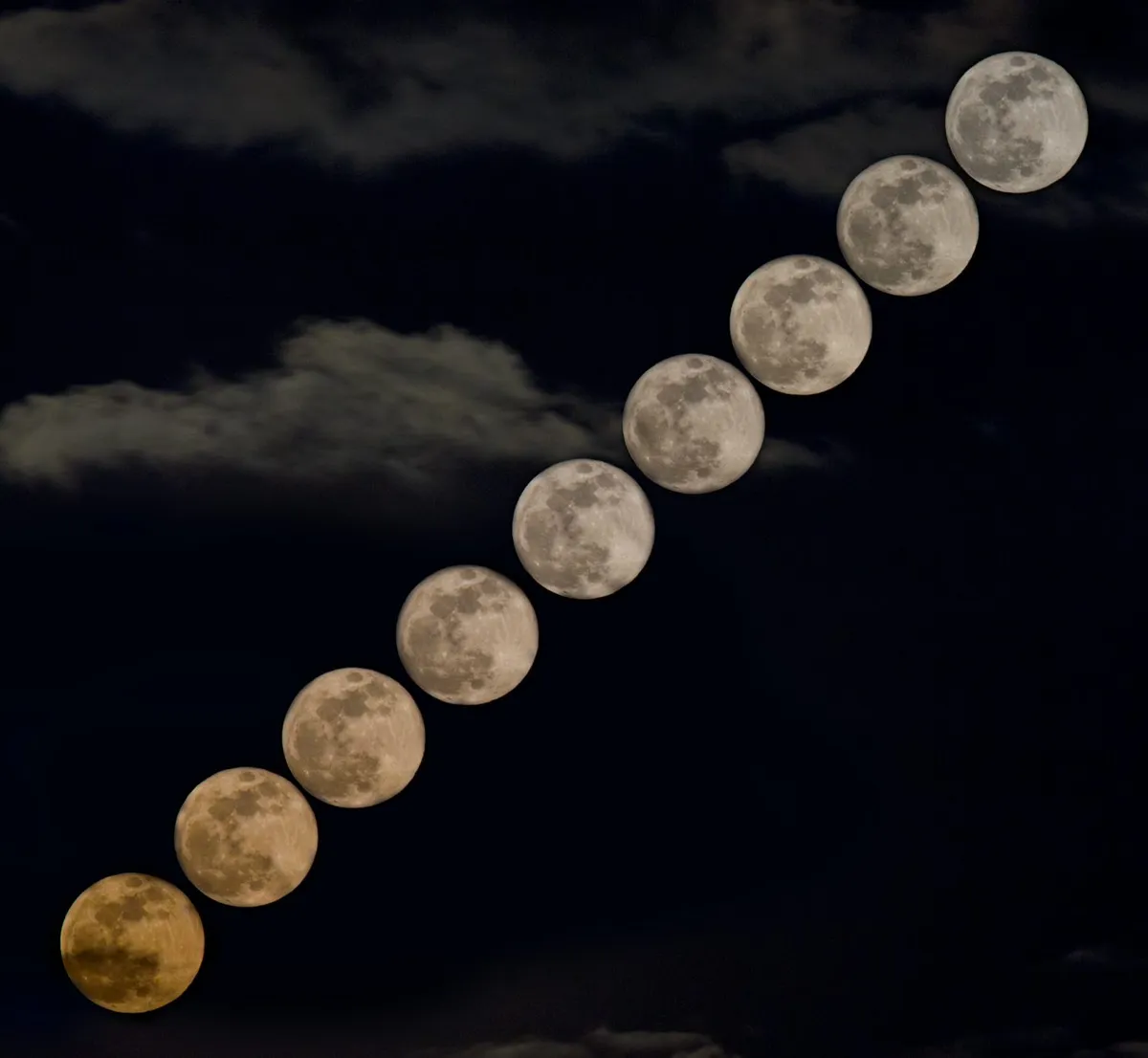 A composite image showing the rising of the Moon, by David de Cuevas, Treize Vents, France.