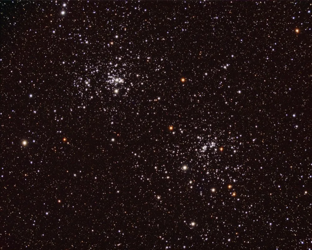 The Double Cluster in Perseus by Peter R Longden, Weston Turville, Buckinghamshire, UK. Equipment: Altair Wave Series 115 F7 ED Triplet APO, SkyWatcher NEQ6 (on pier), SX Lodestar X2, PHD2, Trius SX 694 mono CCD, SX filter wheel, Baader 1.25