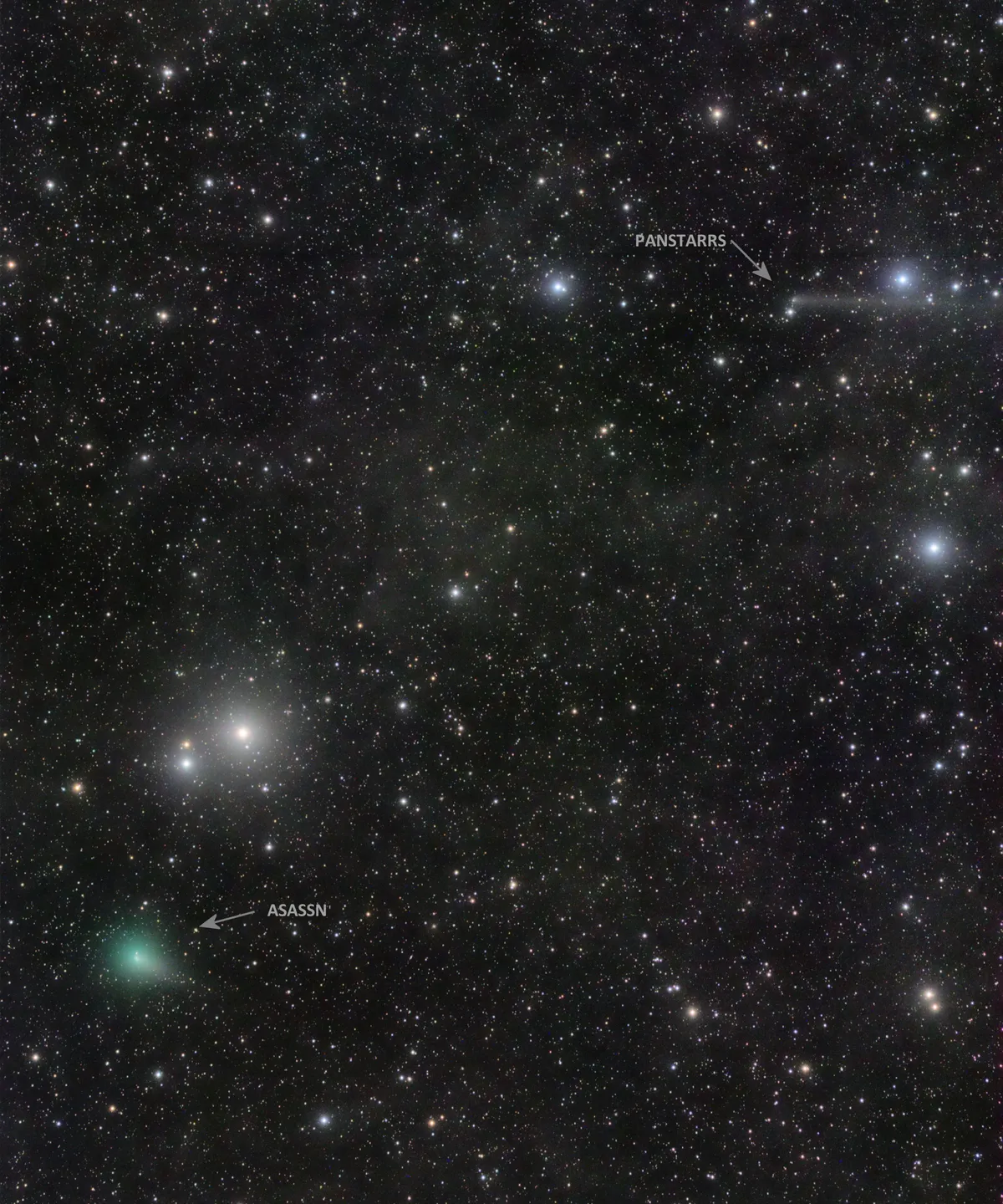 Comets Conjunction ASASSN & PANSTARRS by José J. Chambó, Mayhill, New Mexico. Equipment: Takahashi FSQ-106ED f/5.0, SBIG STL-11000M