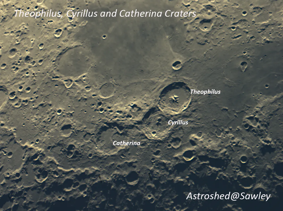 Theophilus, Cyrillus and Catherina Craters by Christopher Michael Platkiw, Nottingham, UK Equipment: HEQ5 Mount, Skywatcher 150 Mak, QHY5II-C.