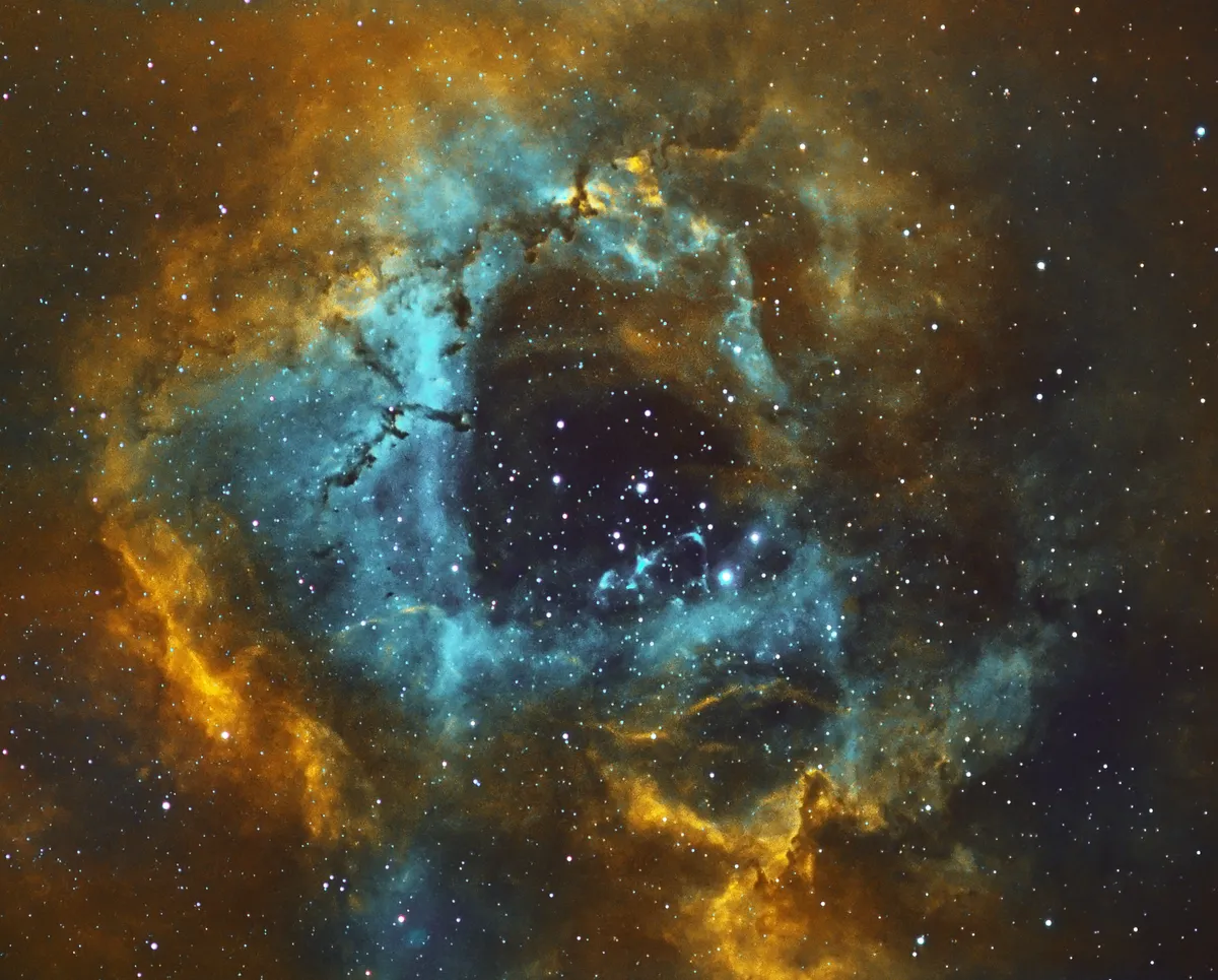 Rosette Nebula - NGC2244 (SHO - Narrowband Imaging Under City) by William Tan, Johor Bahru, Malaysia. Equipment: Skyrover 110ED doublet len, iOptron ZEQ25, ASI1600MM Cool, 30/120 F4 Guidescope, QHY5L-ii-C Guidecam