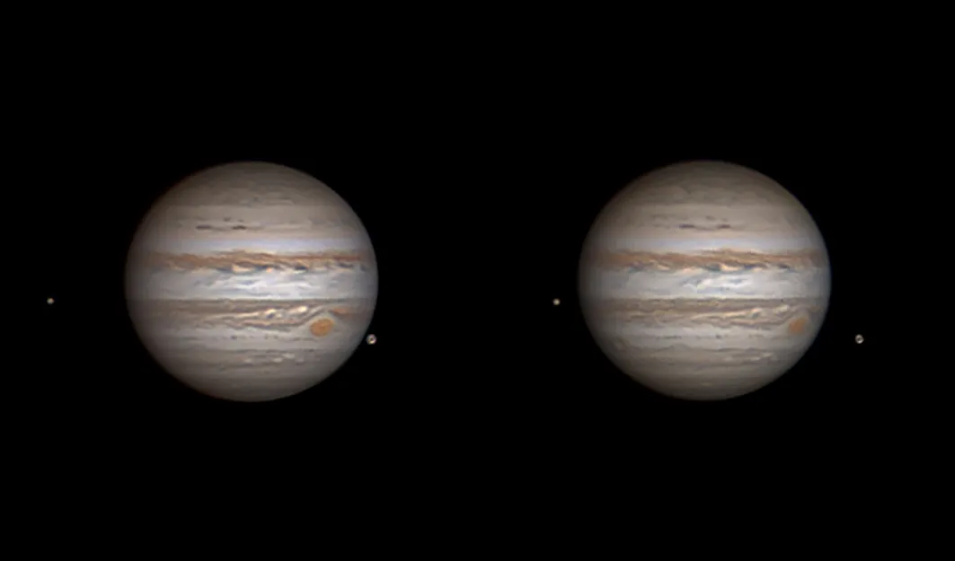Two views of Jupiter with one moon to the left and one to the right. The moons have both moved towards the right in the second image. 