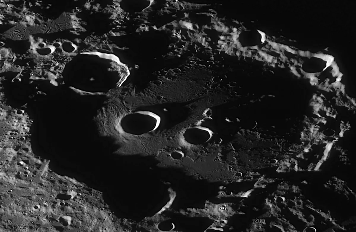 A feature known as the Eyes of Clavius, created by sunlight illuminating two crater rims. Credit: Avani Soares.