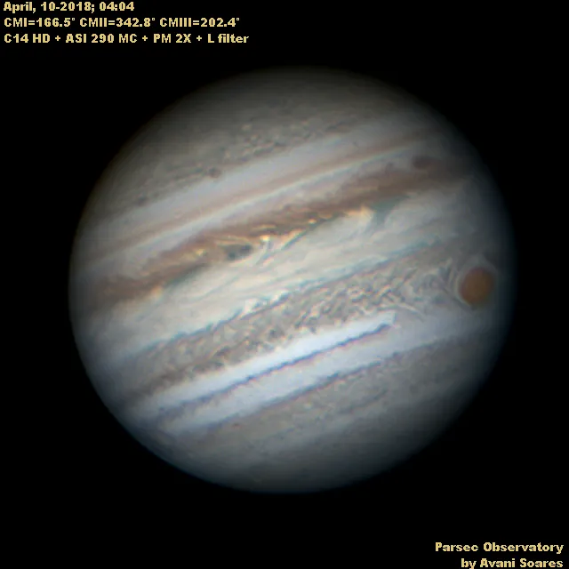 Jupiter, April 10-2018 by Avani Soares, Parsec Observatory, Canoas, Brazil.