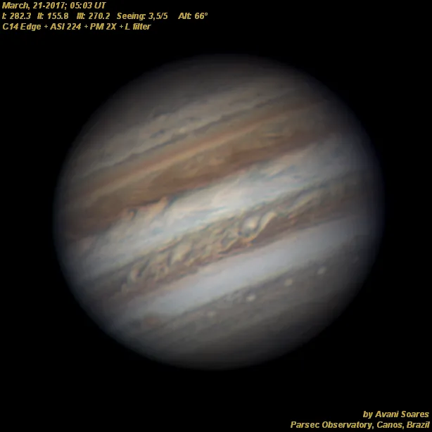 Jupiter, March 21 by Avani Soares, Parsec Observatory, Canoas, Brazil.