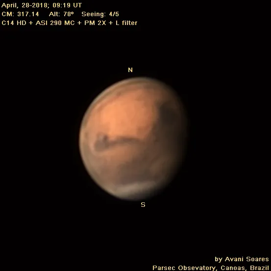 Mars, April 28-2018 by Avani Soares, Canoas, Brazil. Equipment: C14 HD, ASI 290 MC, PM 2X, L filter