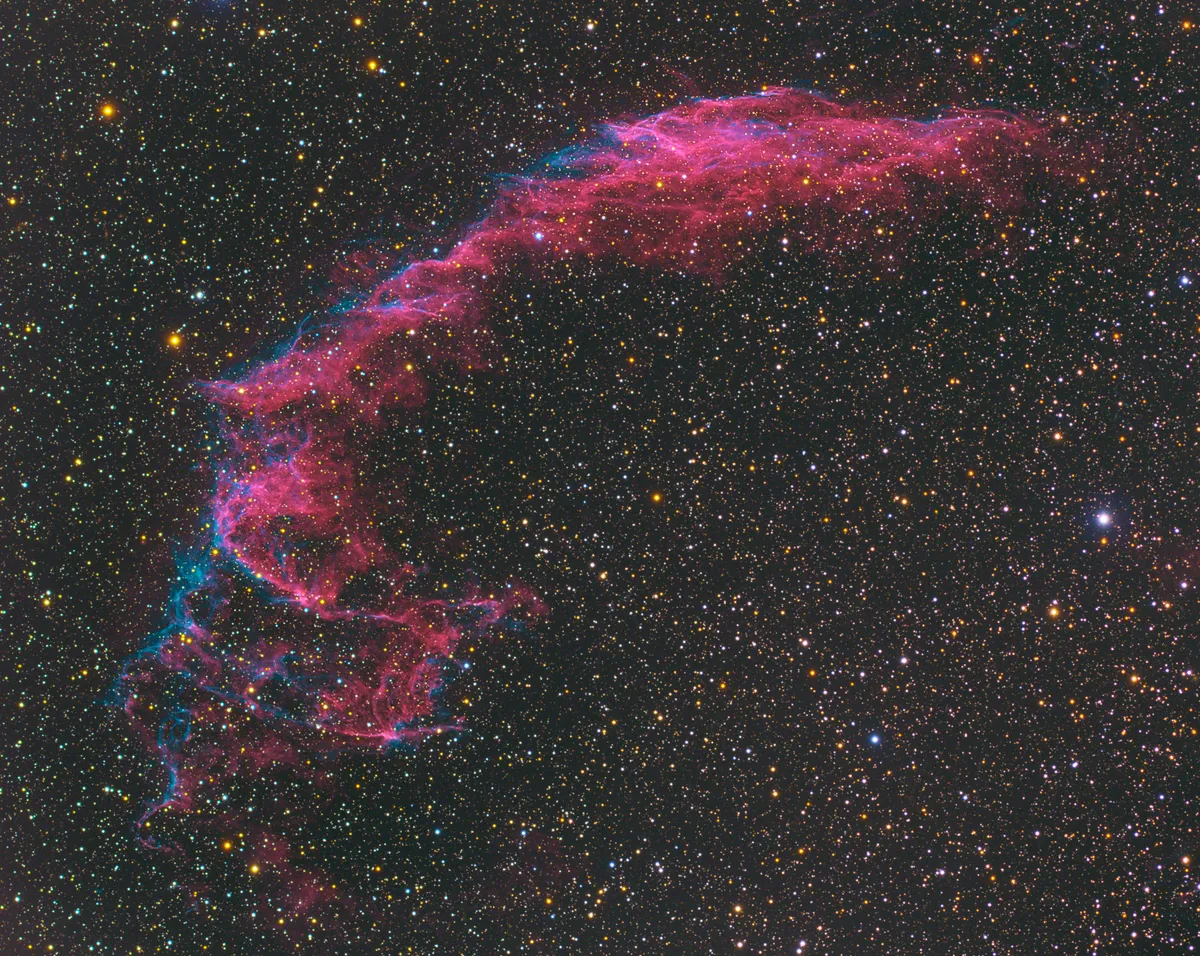 Eastern Veil Nebula by Jean M Dean, Guernsey, Channel Islands. Equipment: Starlight Xpress Trius SX814, Takahashi FSQ106, Skywatcher AZ EQ6 GT mount