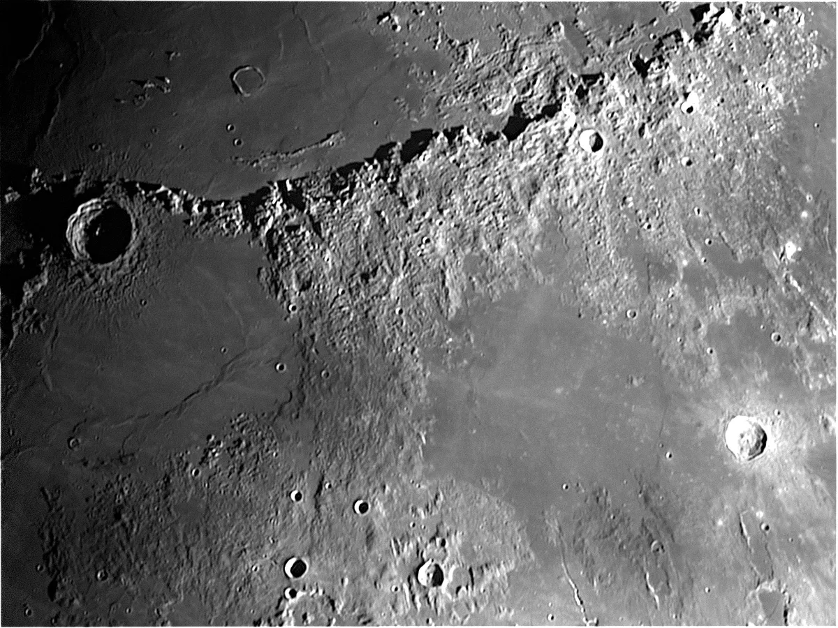 Apennine Mountain Range on the Moon by Alex Houston, Tullibody, Clackmannashire, UK. Equipment: Sky-watcher Evostar-100ED2 PRO, DMK 41AM02.AS mono CCD, 3x Barlow lens.