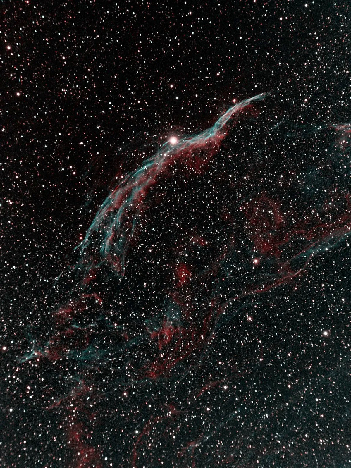 C34 Witch's Broom Veil Nebula by Mark Griffith, Swindon, Wiltshire, UK. Equipment: Skywatcher NEQ6 pro mount & Equinox 80mm refractor, Atik 383L  camera, motorised filter wheel and Astronomik Ha Oiii filters.