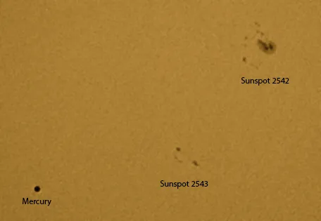Mercury and Sunspots by Hayley Smith, Aylesbury, UK. Equipment: Skywatcher ED80, EQ5 mount, Baader film, Canon 600D.