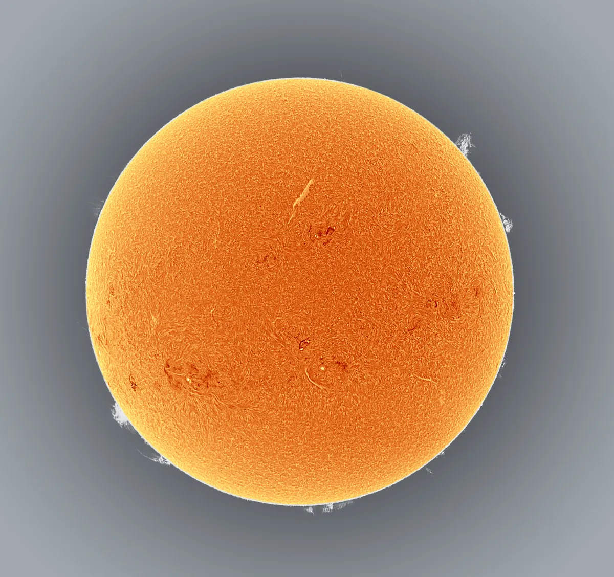 Full Solar Disc May 17th by Stephen Jennette, Morecambe, UK. Equipment: Lunt L60, Chameleon camera, Autostakkert 2.