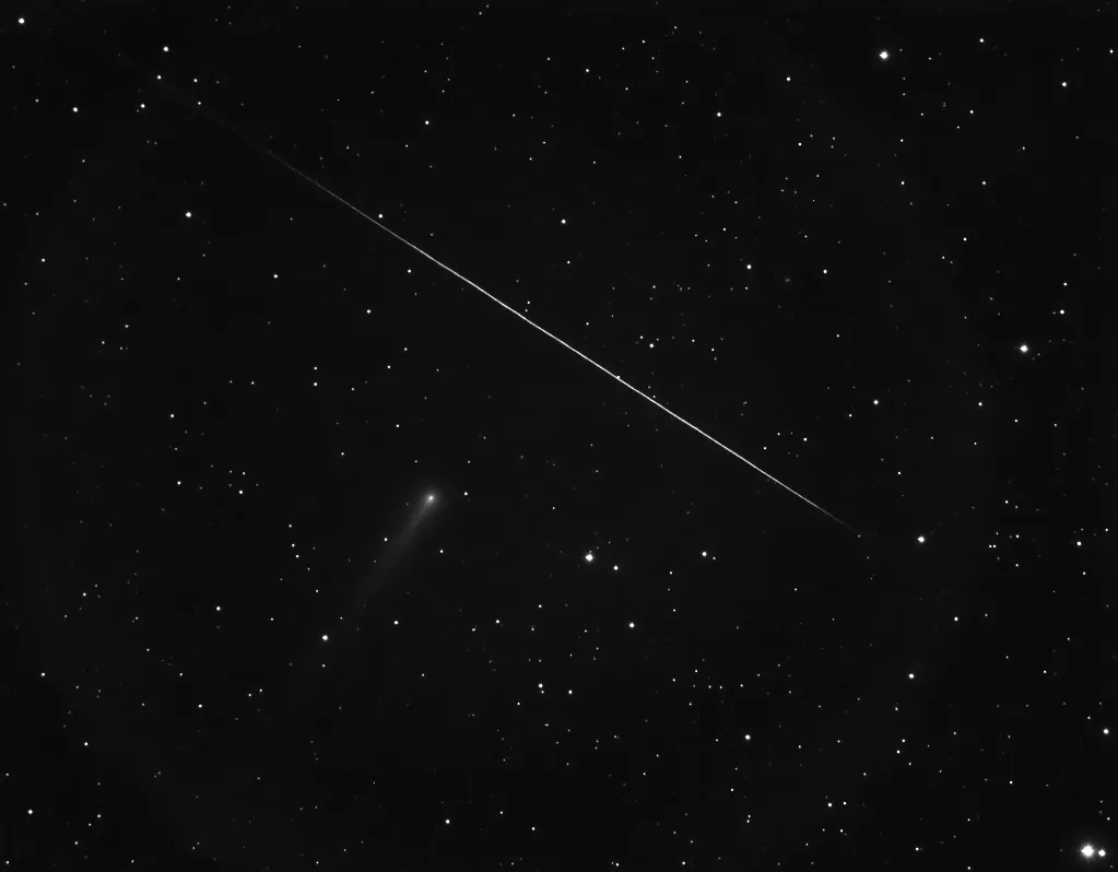A Shot in a Million of Comet ISON and a Meteor by Mike Duviau, Preston, Lancashire, UK. Equipment: Atik 383L mono CCD, Orion star shot autoguider, NEQ6 Pro mount