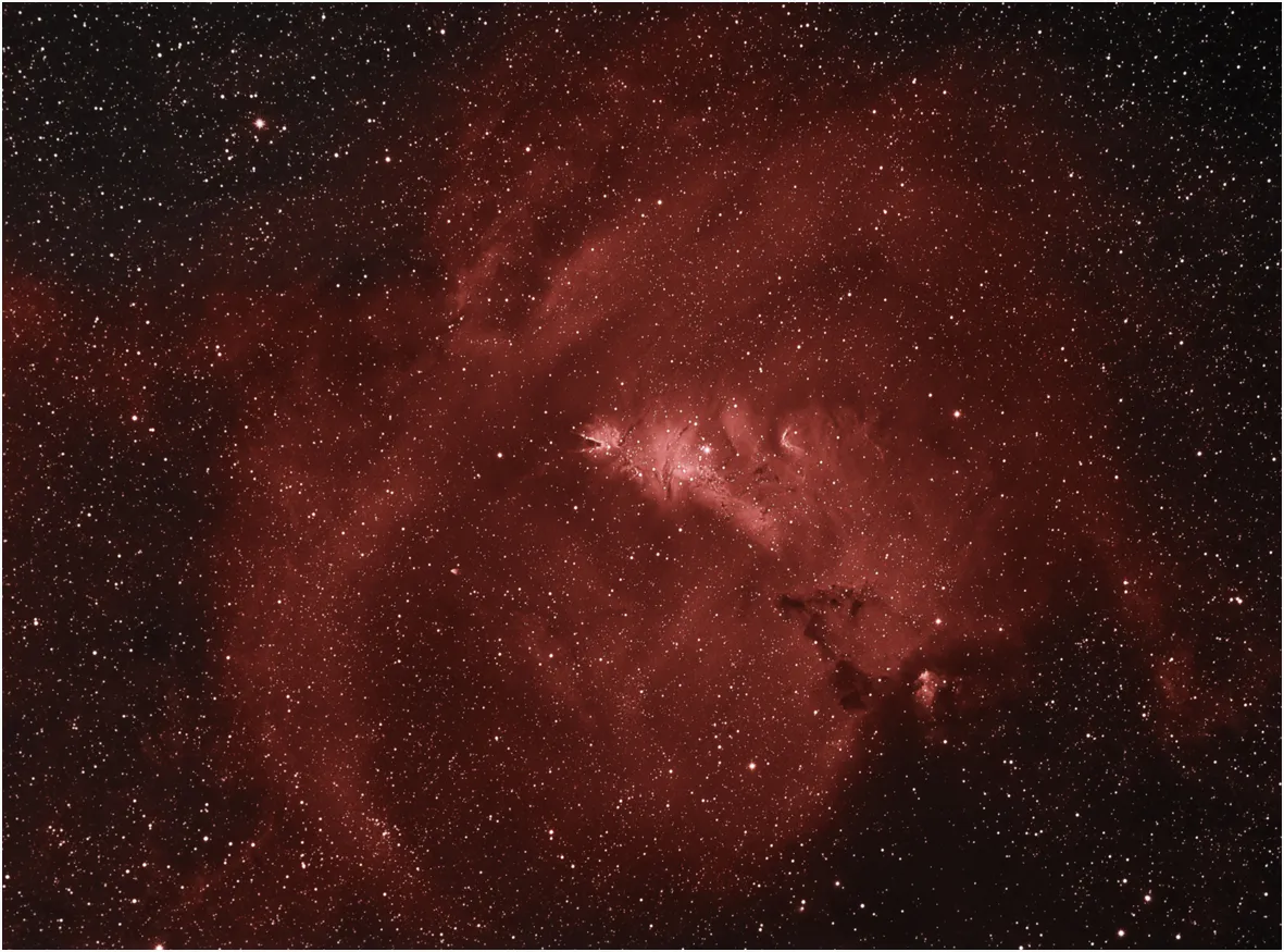 Cone Nebula colour widefield view in Ha by Dave Trewren, Bristol, UK. Equipment: QHY9M, Nikkor 180mm f/2.8 ED, HEQ5, StarShoot, modified finder scope, Baader Ha narrowband.