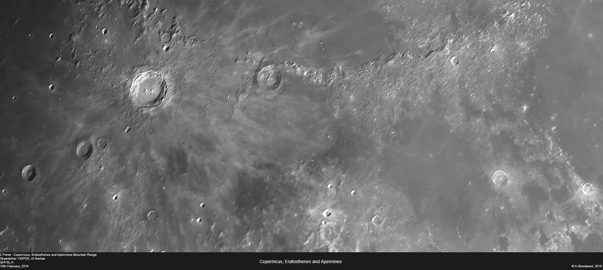 Copernicus, Eratosthenes and Apennine Mountain Range by Alastair Woodward, Derby, UK. Equipment: Skywatcher 130PDS, x5 Barlow, HEQ5, QHY5L-II.