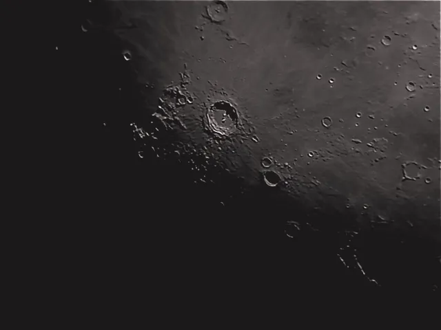 Copernicus Crater by Ian Peck, Londonderry, N. Ireland. Equipment: SkyWatcher 200p, Logitech C270HD webcam.