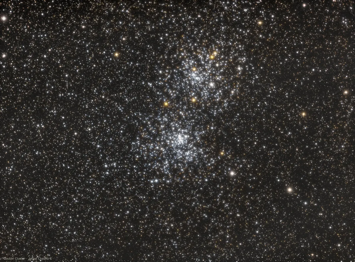 Double Cluster by Jaspal, London, UK. Equipment: Takahashi FSQ85, Ioptron 45 pro, QHY9s CCD, Chroma Filters.