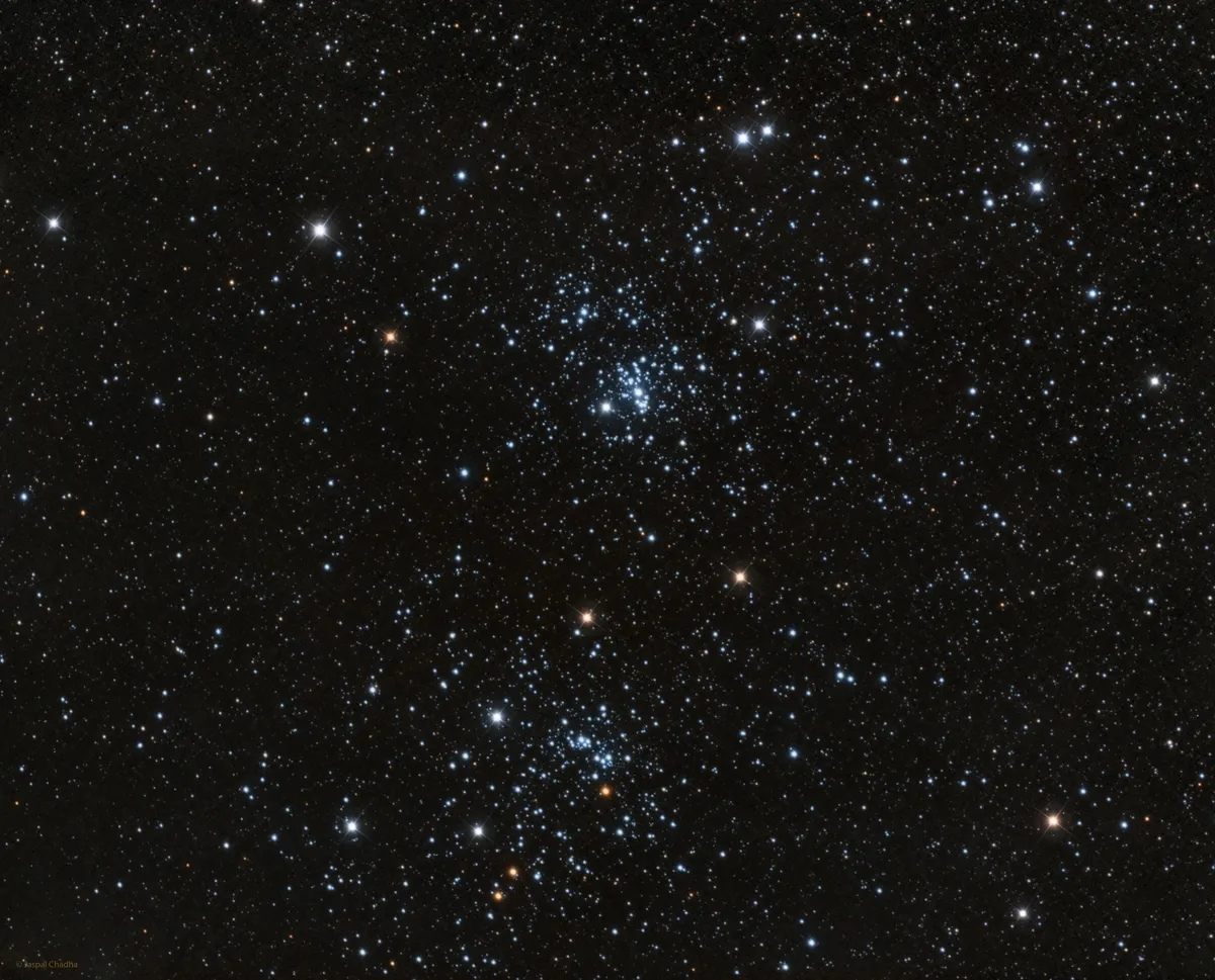 Double Cluster by Jaspal Chadha, London, UK. Equipment: Skywatcher Esprit 100ED, Ioptron CEM60 Mount, QSI 690 CCD.