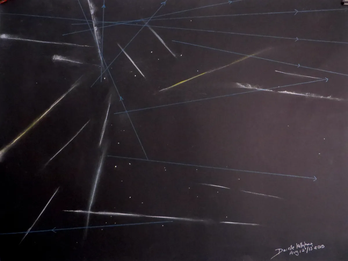 Perseids and Satellites Sketch by Deirdre Kelleghan, Bray, Co. Wicklow, Ireland. Equipment: Conte, Gel Pen, and Pencil on black paper.