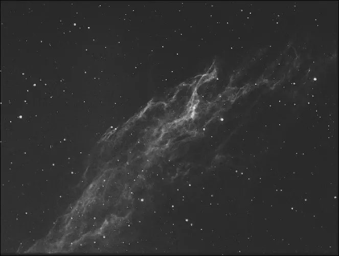 Eastern Veil Nebula by Tom Richardson, Smethwick, Birmingham, UK. Equipment: Skywatcher 80ED pro refractor, Atik 16ic mono ccd, Baader 7nm Ha filter. Guided with ST80.