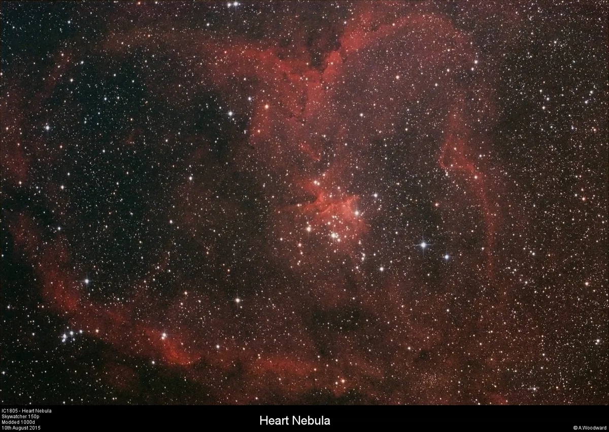 Heart Nebula by Alastair Woodward, Derby, UK. Equipment: Skywatcher 150p, HEQ5 Pro GOTO, Modded Canon 1000d, CLS Clip Filter, Skywatcher Coma Corrector, QHY5L-II, PHD2, ST80 Guidescope.