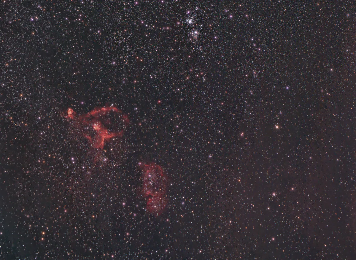 Cassiopeia Widefield in HaRGB by David Slack, Prudhoe, Northumberland, UK. Equipment: Canon EOS1100d, Tamron 55-200mm lens, HEQ5 Pro mount, Astronomik CLS clip filter, 66mm Revelation Refractor, Canon EOS1100d, Astronomik 12nm Ha Clip filter, HEQ5 pro, SC3 webcam, finder guider