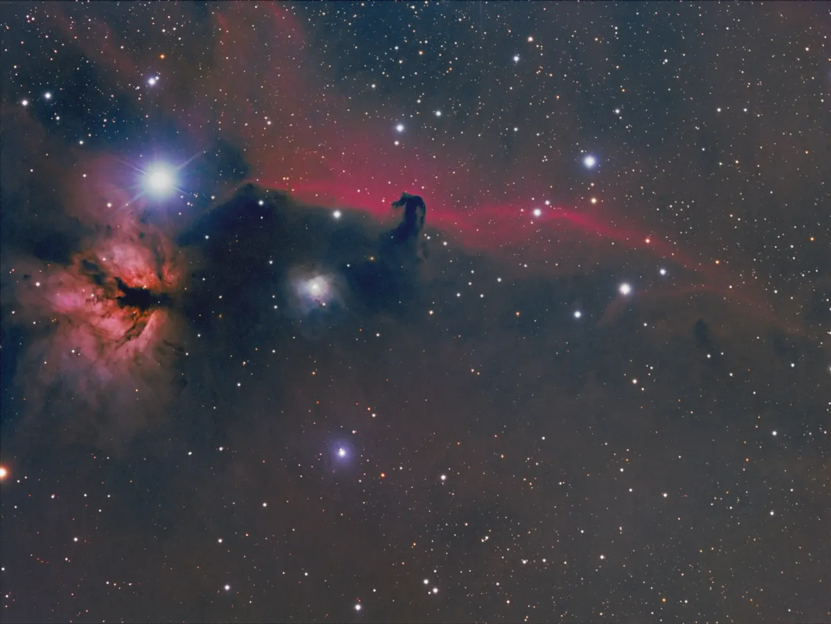 IC434 - Horsehead Nebula and NGC2024 - Flame Nebula by Simon Todd, Haywards Heath, UK. Equipment: Atik 383L  Mono CCD, Skywatcher EQ8 Pro Mount, Celestron C80ED APO Refractor, Astro-Tech AT2FF Field Flattener, QHY5LII, TS9 Off Axis Guider, guided with PHD2