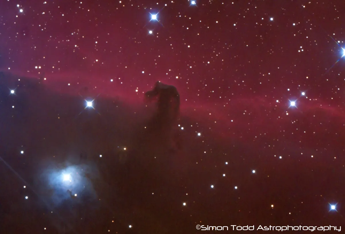 IC434 - Horsehead Nebula by Simon Todd, Ireland. Equipment: Astro-Tech AT8RC, Skywatcher NEQ6Pro GEM Mount, Orion Starshoot Autoguider, Canon 500D Modified and Cooled DSLR