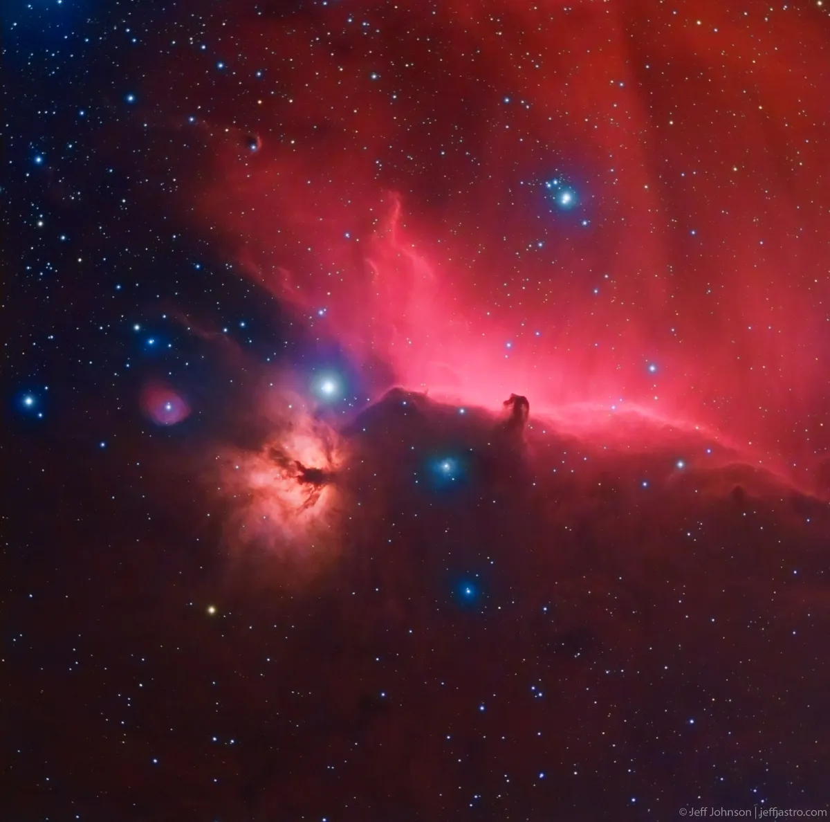 IC 434 (Horsehead) and NGC 2024 (Flame) and surroundings by Jeffrey O. Johnson, Las Cruces, New Mexico, USA. Equipment: Takahashi FS-60C @ f/6.2, Takahashi EM200 Temma II Mount, QSI 540wsg.