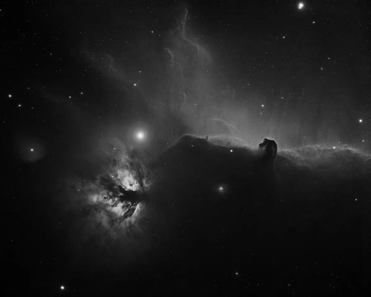 Horsehead & Flame Nebula by Chris Grimmer, Norich, UK. Equipment: William Optics GT81 Triplet Refractor, SXVR H694 Mono with Baader Ha Filter, Ioptron CEM60 Standard