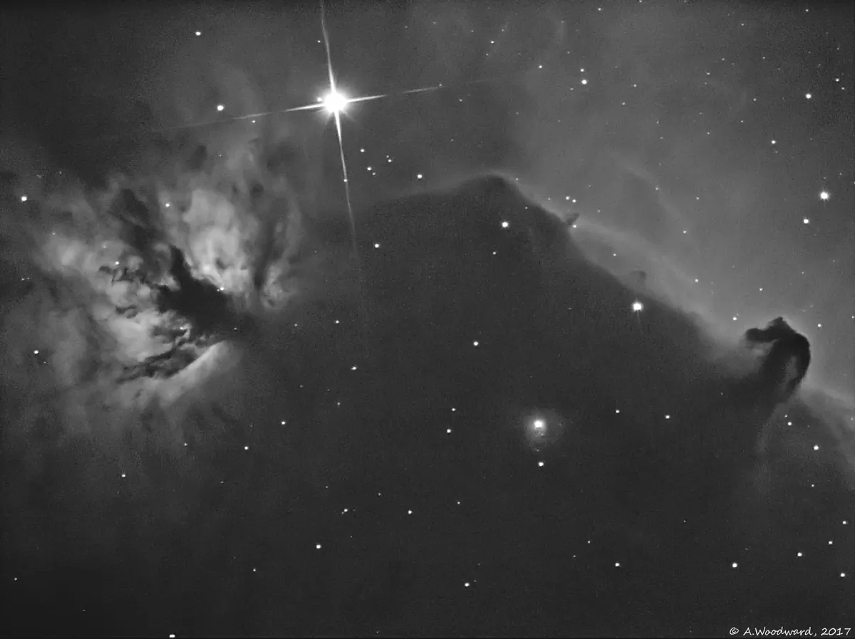 Horsehead and Flame Nebula by Alastair Woodward, Derby, UK. Equipment: Sky-watcher 130PDS, HEQ5 Pro Goto mount, QHY Img2pro mono CCD, cooled to -15 Celsius, 6nm Astronomik Ha filter, QHY 5Lii and 50mm finder for guiding