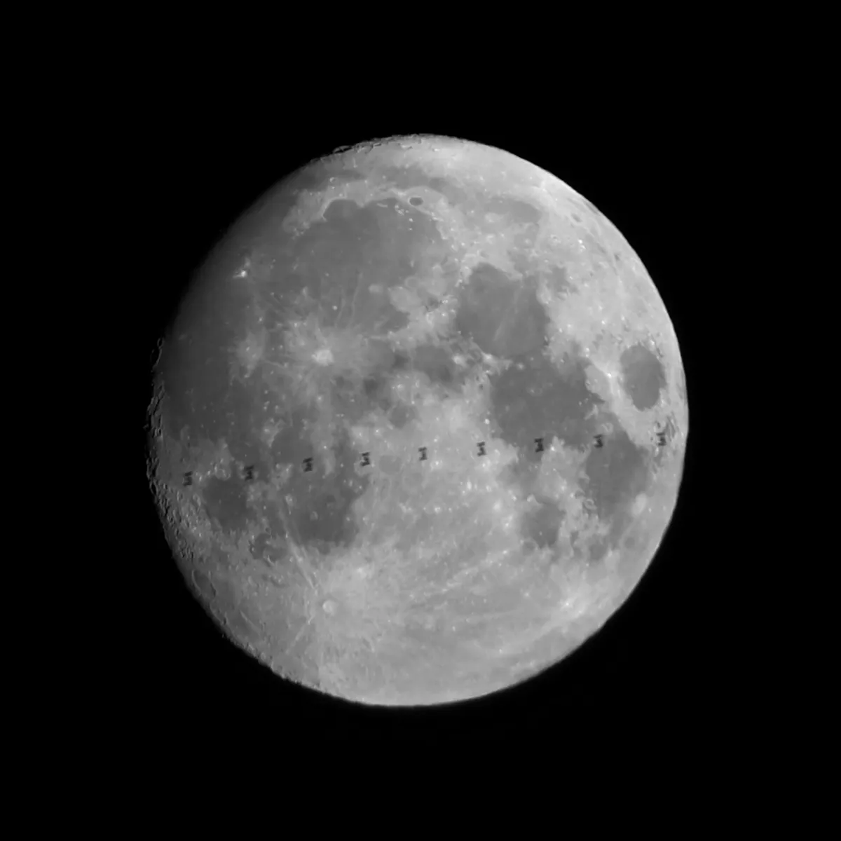 ISS Lunar Transit by Balázs Benei, Budapest, Hungary. Equipment: 72/500 refractor, 10 mm Plössl eyepiece, Samsung Galaxy A5 (2017)
