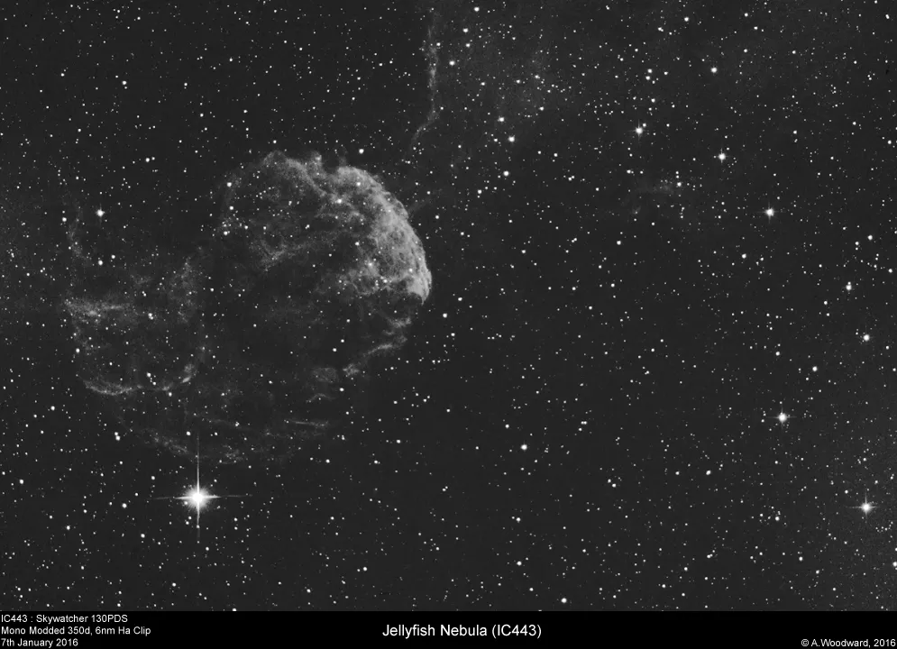 Jellyfish Nebula by Alastair Woodward, Derby, UK. Equipment: Skywatcher 130PDS, HEQ5, Canon 350d (mono - self debayered), 6nm Ha Clip Filter, PHD2 guiding, ST80, QHY5L-II.