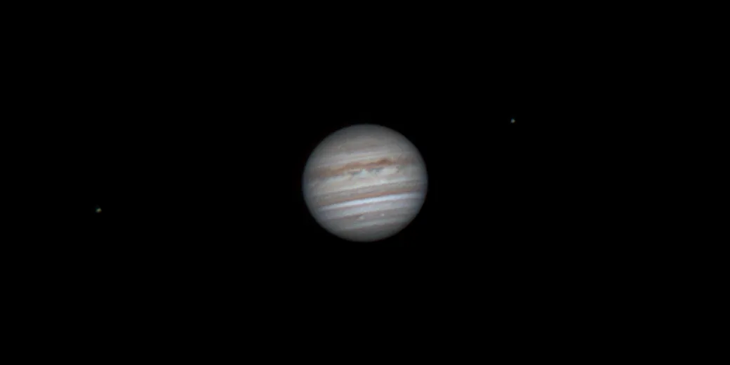 Jupiter, Io and Europe by Houssem Ksontini, Tunis, Tunisia. Equipment: Skywatcher 150/750, Neq3-2 mount, ASI224MC, IR cut Filter, Barlow x3