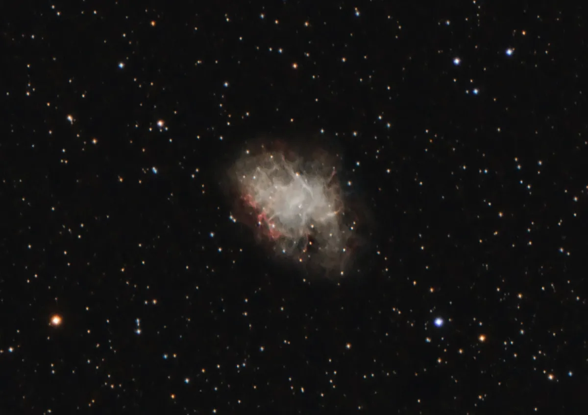 The Crab Nebula, Tom Howard, Crawley, Sussex, UK. Equipment: Nikon D7000 DSLR through a Meade 5000 127mm refractor mounted on an EQ6. My image of Messier 1, a supernova remnant in Taurus. For me, long exposure photography complements visual work well by revealing detail that cannot quite be seen at the eyepiece.