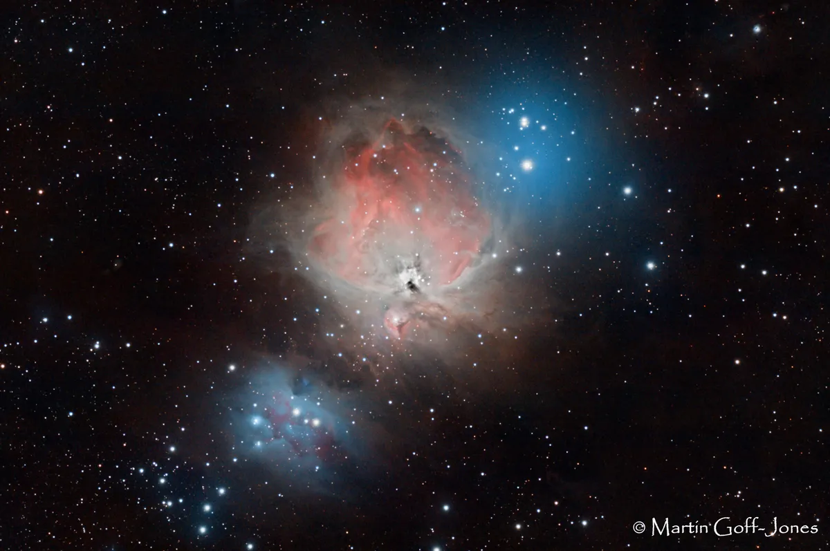 The Orion Nebula by Martin Goff-Jones, Fremington, Devon, UK. Equipment: Modified Canon EOS450D, Altair ED80 apochromatic triplet, field flattener, Skywatcher EQ5 pro, PHD2 guiding, APT for camera control, processed completely with PixInsight.
