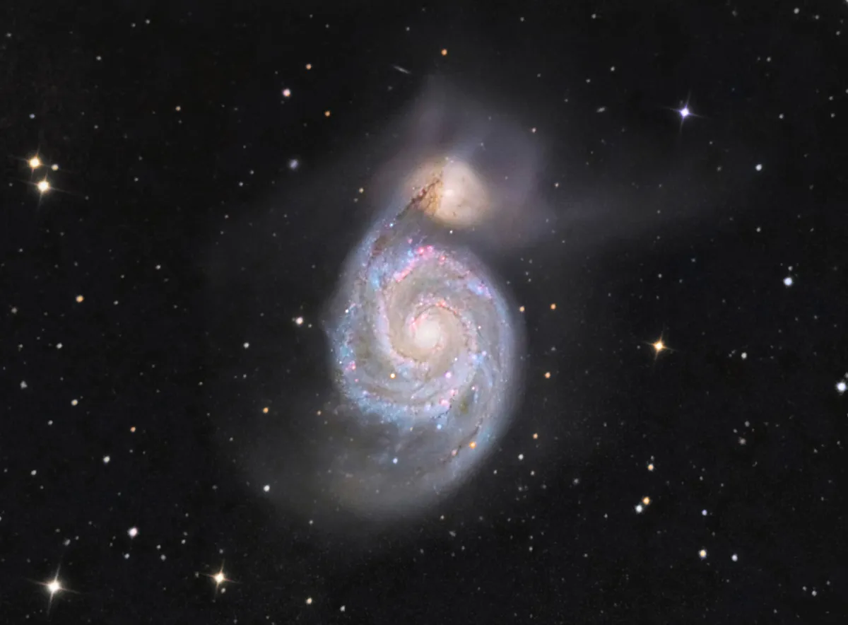M51 & Tidal Stream by David Slack, Prudhoe, Northumberland, UK. Equipment: Celeston 8" F5 reflector, starlight xpress H9 mono CCD, Skywatcher HEQ5 pro mount & ASI 120mm based finder guider.
