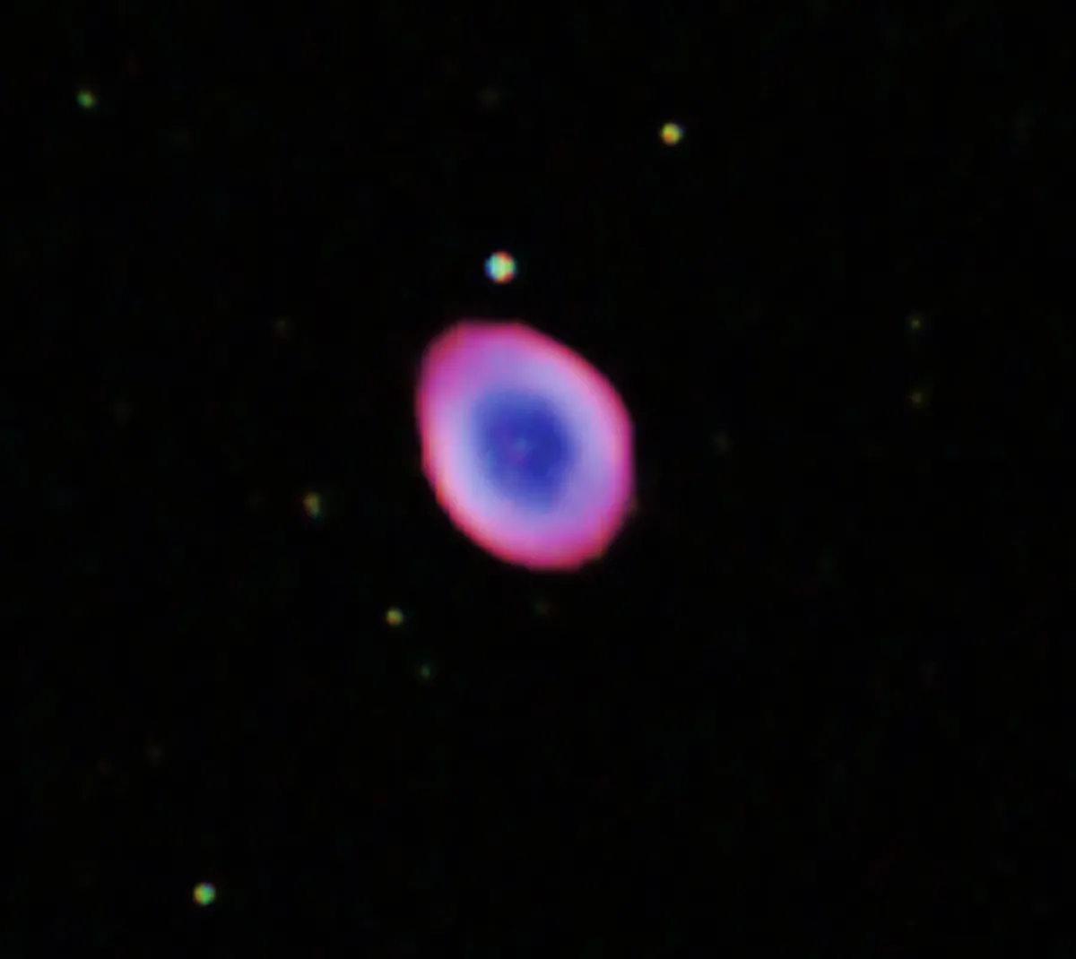 M57 Ring Nebula by Martin Pyott, St Andrews, Fife, UK. Equipment: LUNT 80mm ED Refractor, ZWO ASI 120 MC-S CMOS Planetary webcam.
