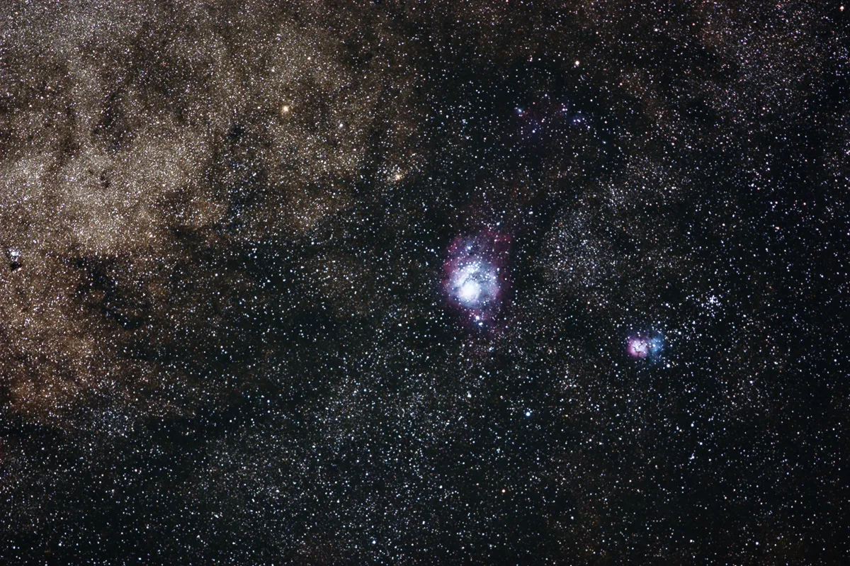Around M8, M20 and M21 by Konstantinos Christodoulopoulos, Parnonas Mountain, Greece. Equipment: Canon EOS 450D, Canon EF 200mm lens, Skywatcher HEQ5 Synscan pro, Vixen ED81S, DMK21AU04, PHD guiding.