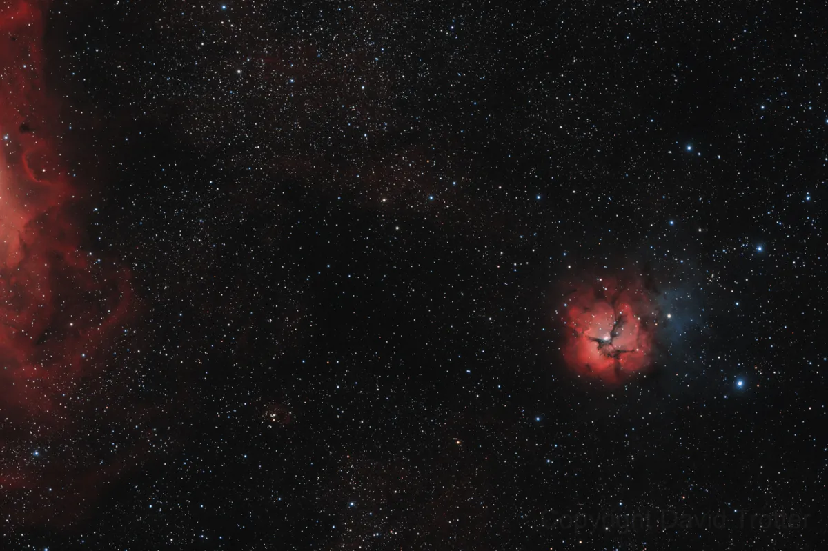 M20 Trifid with a touch of Lagoon by David Trotter, Sydney, Australia. Equipment: SW ED100 refractor, Canon D60a DSLR, Ha filter.