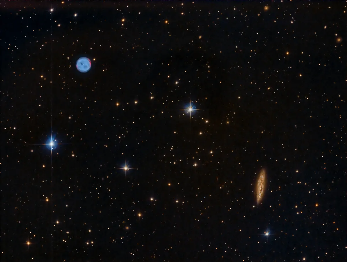 M97 - Owl Nebula and M108 - Surfboard Galaxy in LRGB by Simon Todd, Haywards Heath, UK. Equipment: Sky-Watcher Quattro Series 8-CF F4, Sky-Watcher Aplanatic Coma Corrector, Atik 383L  Mono CCD, Celestron C80ED Reftractor, QHYCCD QHY5L-II, Sky-Watcher EQ8 Pro, Starlight Xpress Ltd 7x36mm EFW, Baader Planetarium 36mm Unmounted LRGB