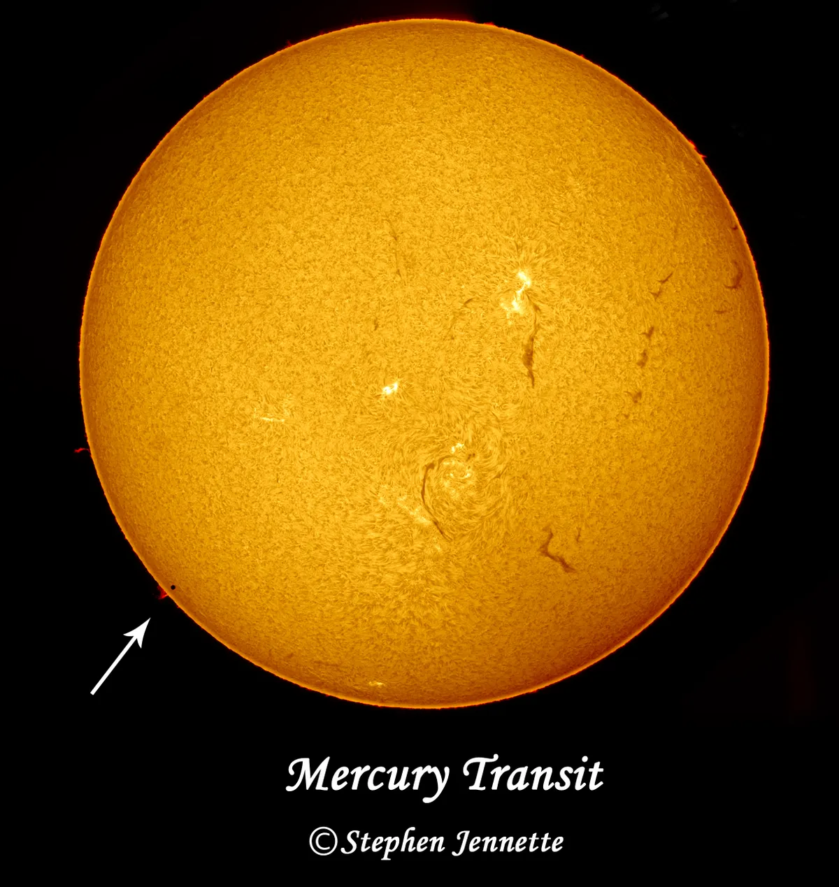 Mercury Transit by Stephen Jennette, Morecambe, UK. Equipment: Lunt L60 pressure-tuned solarscope, double-stacked etalon, Zwo ASI 174 mono camera.