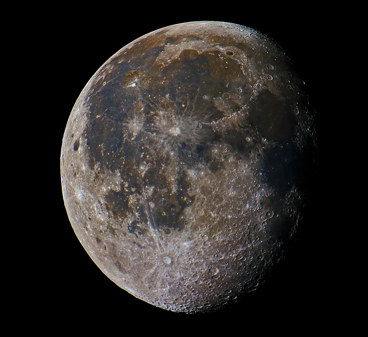 Colour Enhanced Moon, 15 October 2011 by Julian Cooper, Wolverhampton, UK. Equipment: Canon EOS 450D, 2x Barlow, Sky-Watcher 150 Explorer Newtonian, EQ3-2 mount.