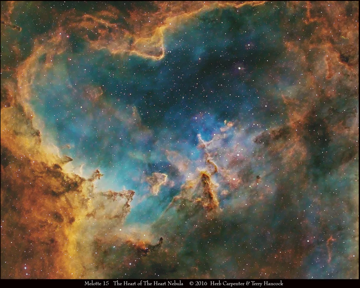 Melotte 15 at the Heart of the Heart Nebula by Terry Hancock, New Mexico, USA. Equipment: Takahashi FSQ106 APO, KAF8300, SII, Ha and OIII narrowband filters.