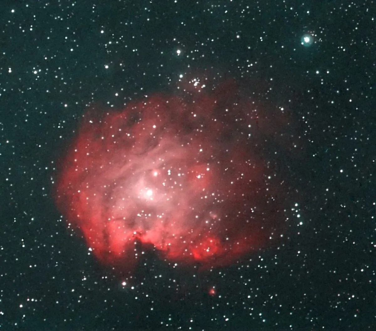 Monkey Head Nebula in Orion by Harry Piper, Watford, UK. Equipment: William Optics 71mm F 5.9 refractor, Orion 50mm mini guide scope, Synscan EQ5 goto mount, Atik 428 EX mono CCD, manual filter wheel, Astronomik H alpha, OIII filters.