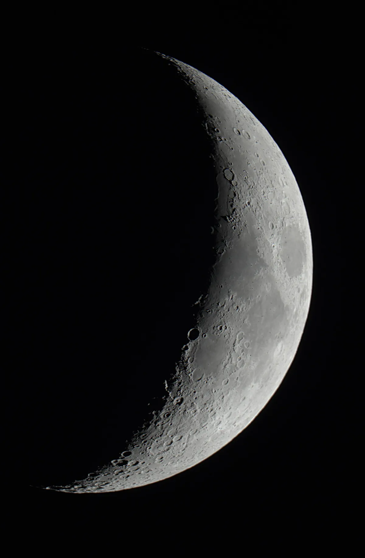 Waxing Crescent Moon by Paul Cotton, Lincolnshire. Equipment: Celestron C9.25 SCT, 6.3 focal reducer, Canon 1100d DSLR, Skywatcher NEQ 6pro mount