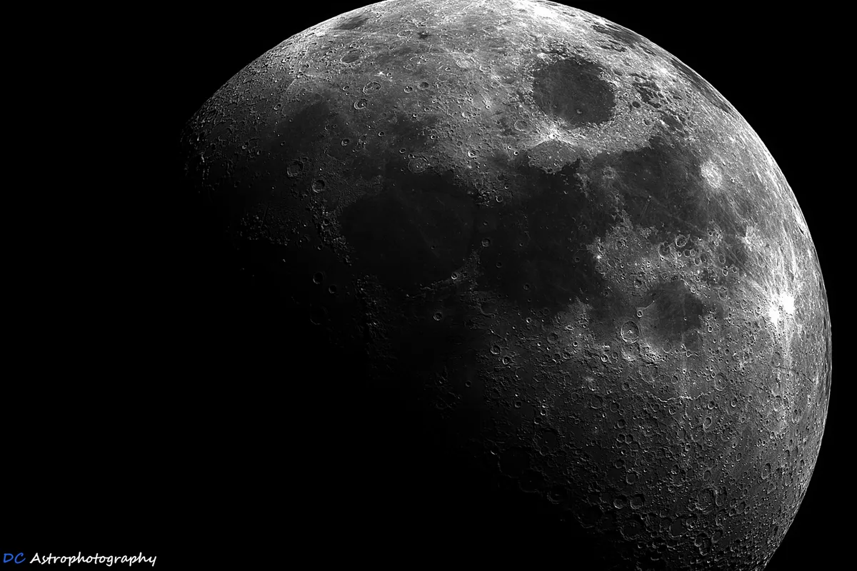 Moon 62% by Daniel Cameron, Patna, India. Equipment: Skywatcher Evostar 120mm refractor, NEQ6 Mount, ZWO ASI174MM CMOS, #80A Blue Filter, UV/IR L-Blocking filter.