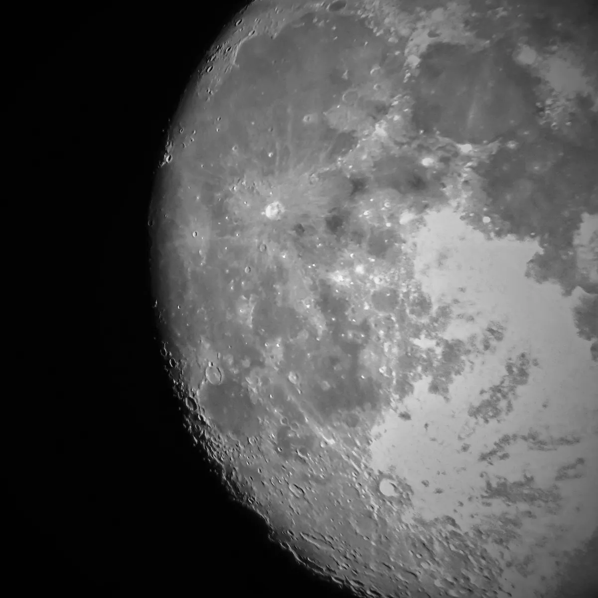 Our Battered Moon by Thomas Lewis, Newport, Wales, UK. Equipment: Celestron 76EQ, 15mm Keller lens, 2x Power lens, Samsung S7 Smartphone.