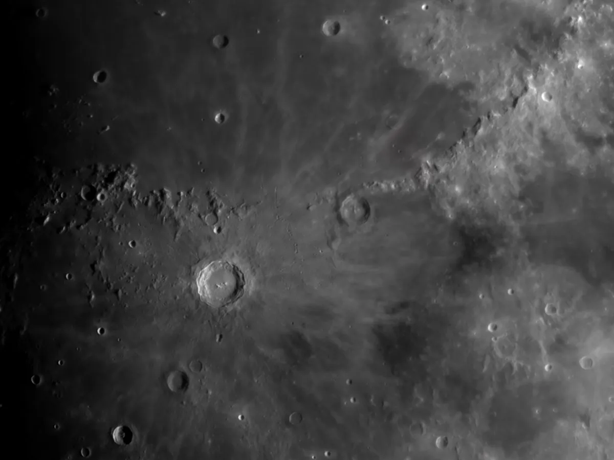 Copernicus, Eratosthenes and Apennine Mountains by Alex Houston, Tullibody, Clackmannanshire, UK. Equipment: ZWO ASI120MM-s, SkyWatcher EVOSTAR 100ED2, 3x Barlow.